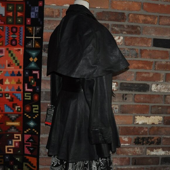 New Vintage 90s ADA Tailored Black Leather Jacket  Inverness Cape Dress Coat 7 M - Picture 4 of 13